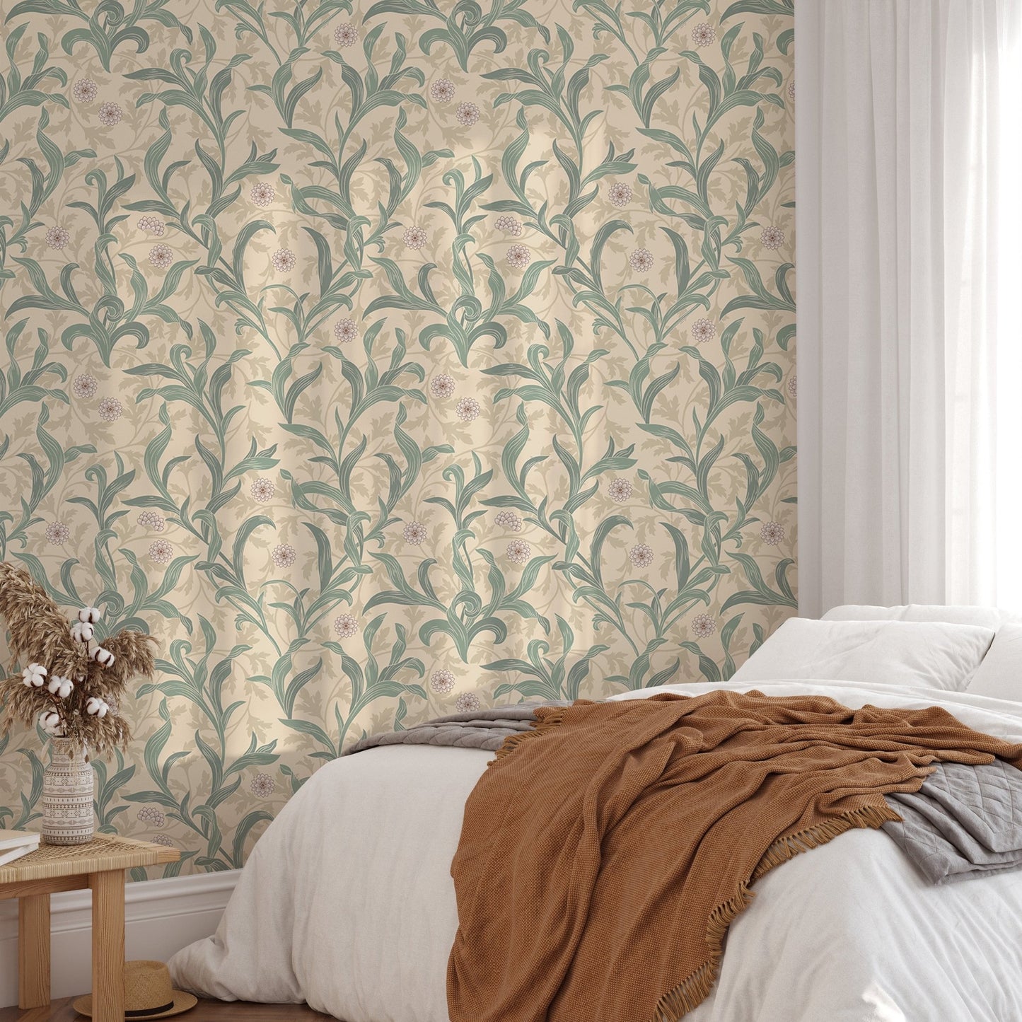 Bedroom with Vintage Flower Green Color Leaves Wallpaper and white bedding.