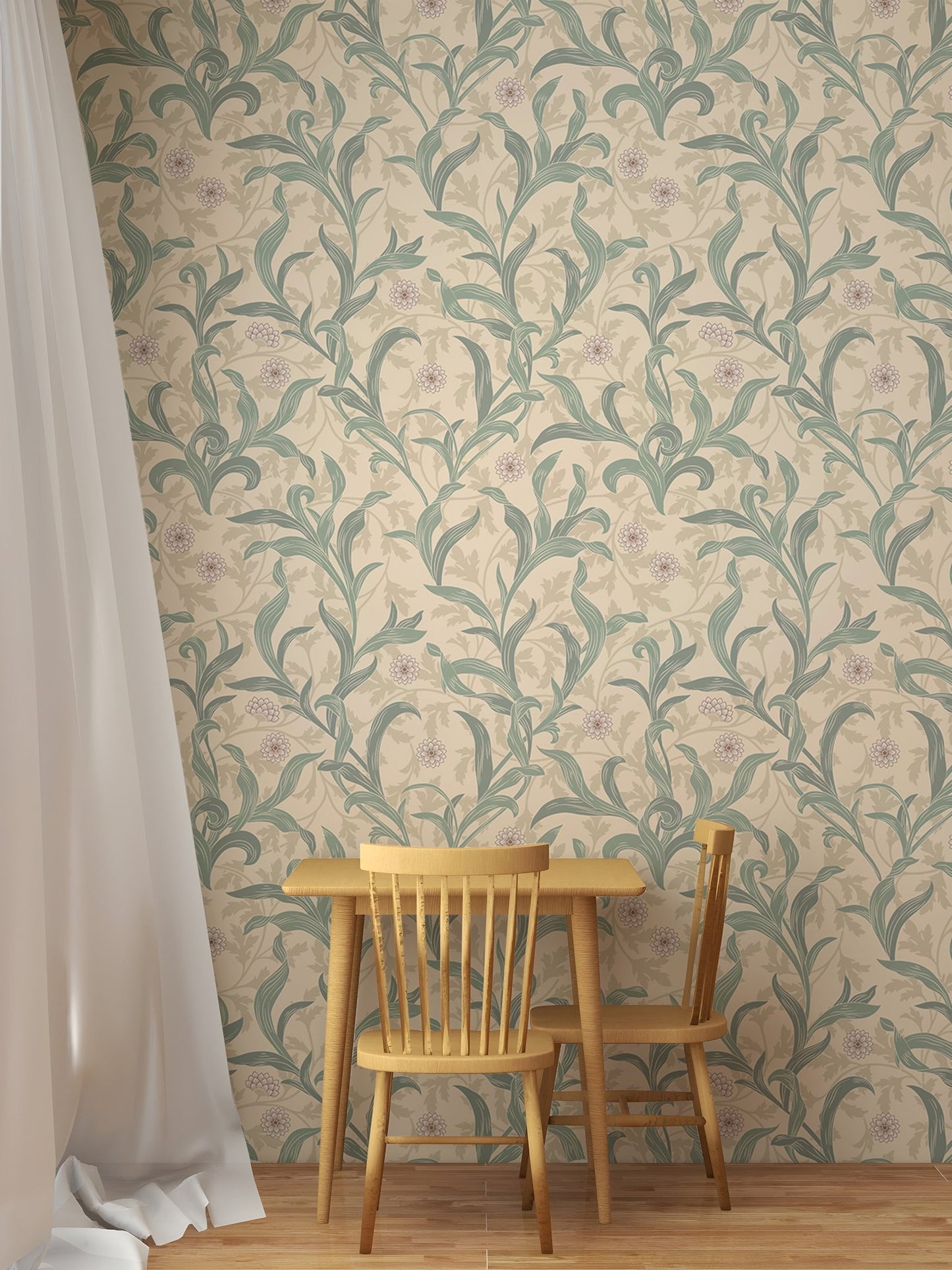 Small wooden table and chair set against leaf patterned wallpaper.