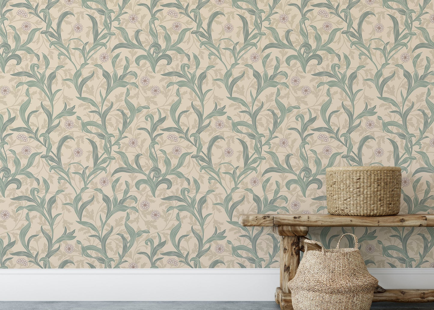 Wooden bench sitting in front of a vintage flower leaf wallpaper.