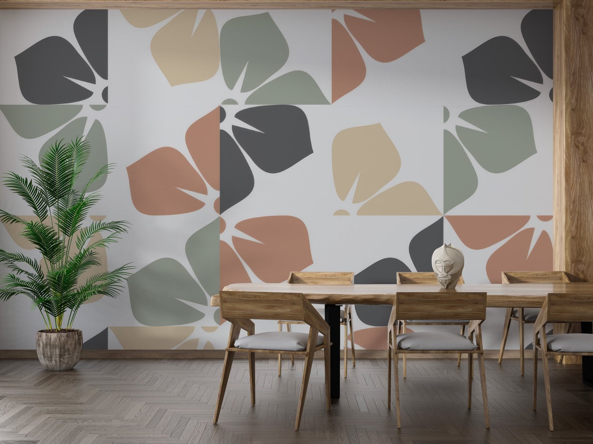 Vintage foliage wall mural with abstract leaf blocks.