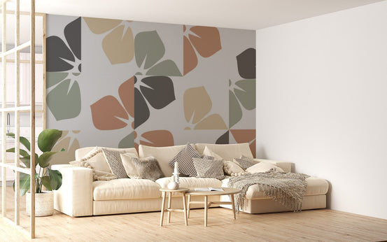 Minimal foliage wallpaper mural with modern block layout.