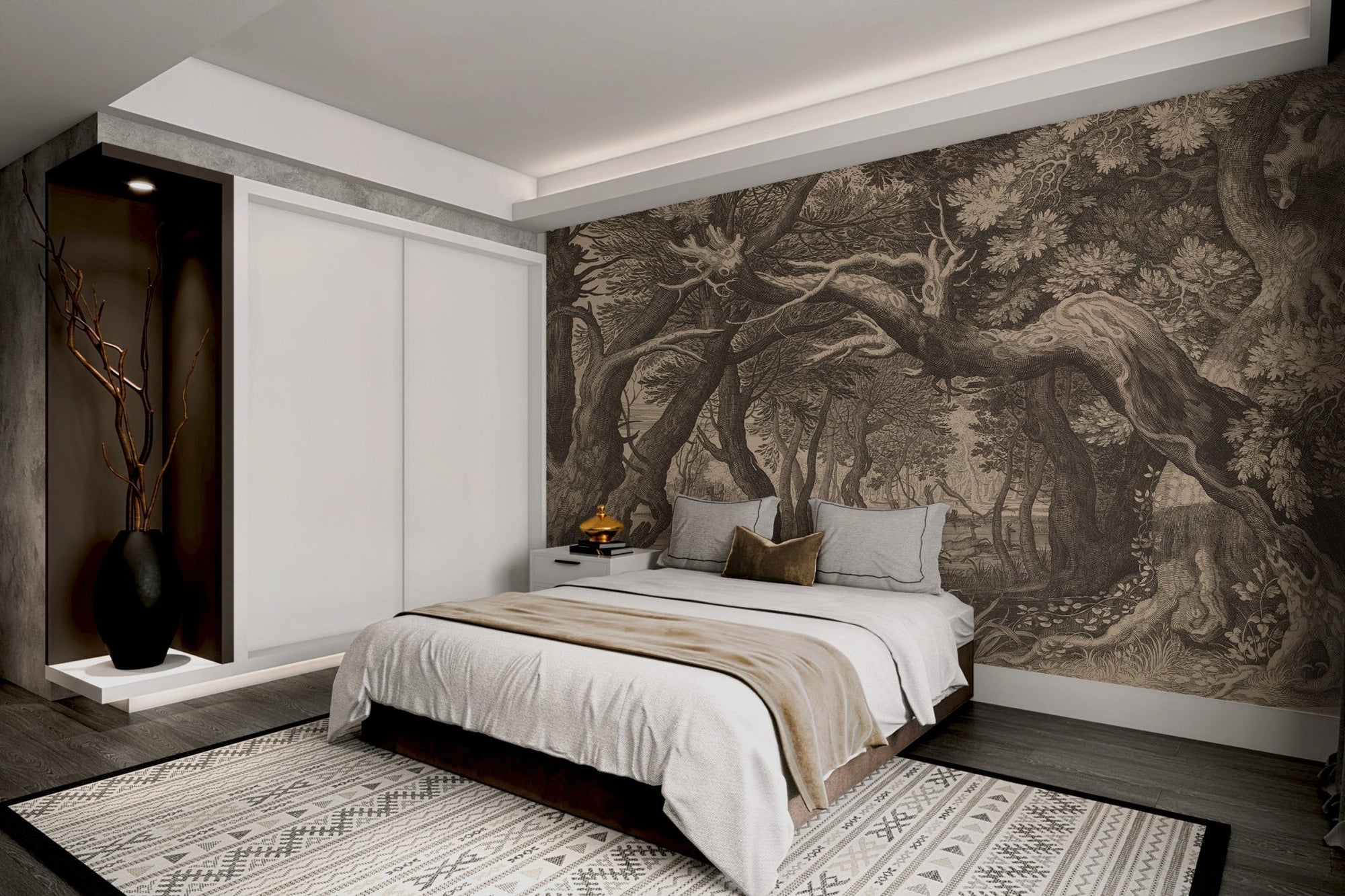 Vintage forest landscape print wallpaper with gnarled trees and stag hunt scene.