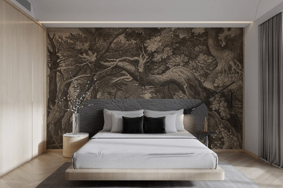 Hand-drawn style forest wall mural with flowing water and deep forest shadows.