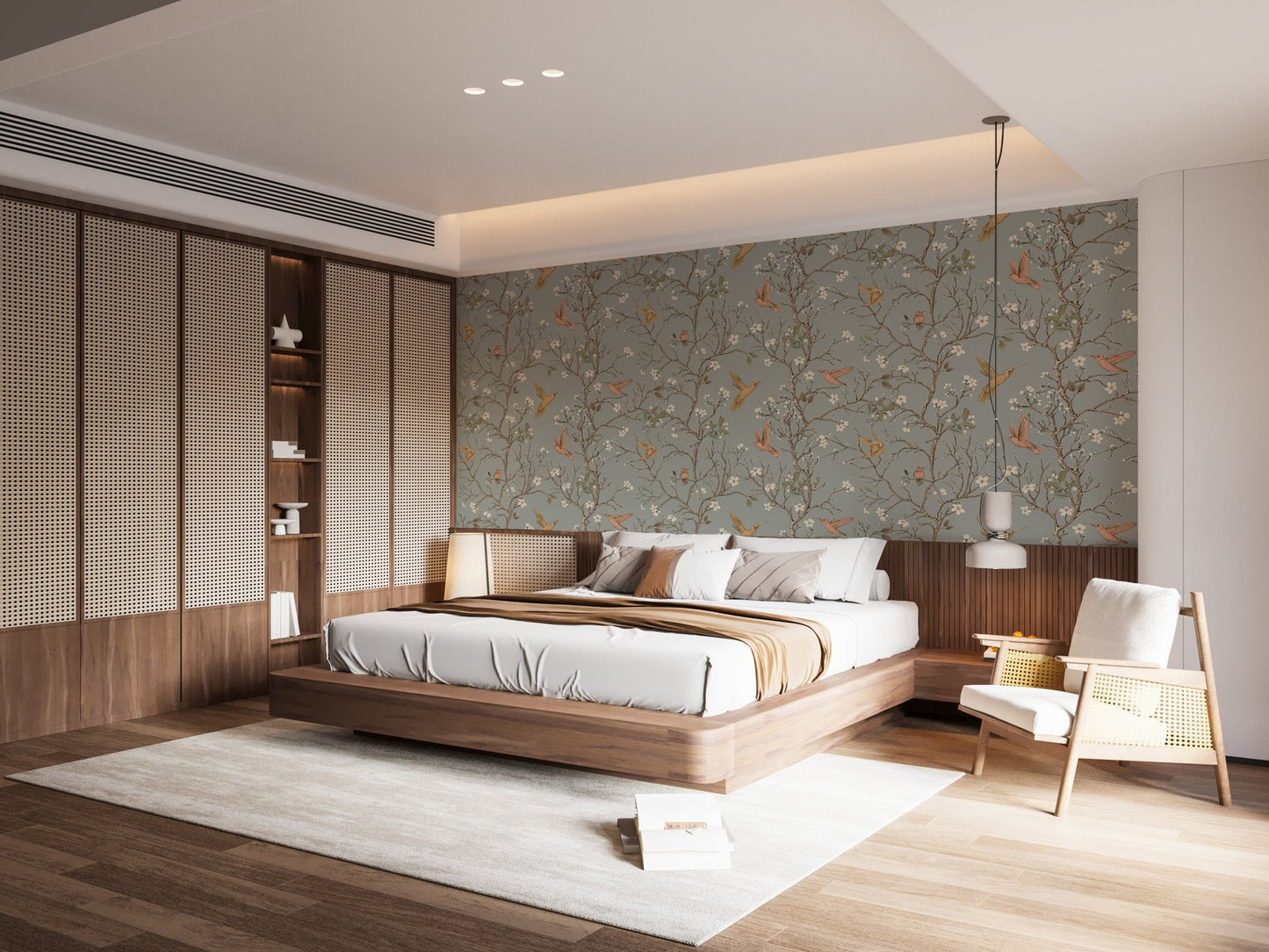 Large bedroom with wooden furniture and a vintage garden wallpaper accent.