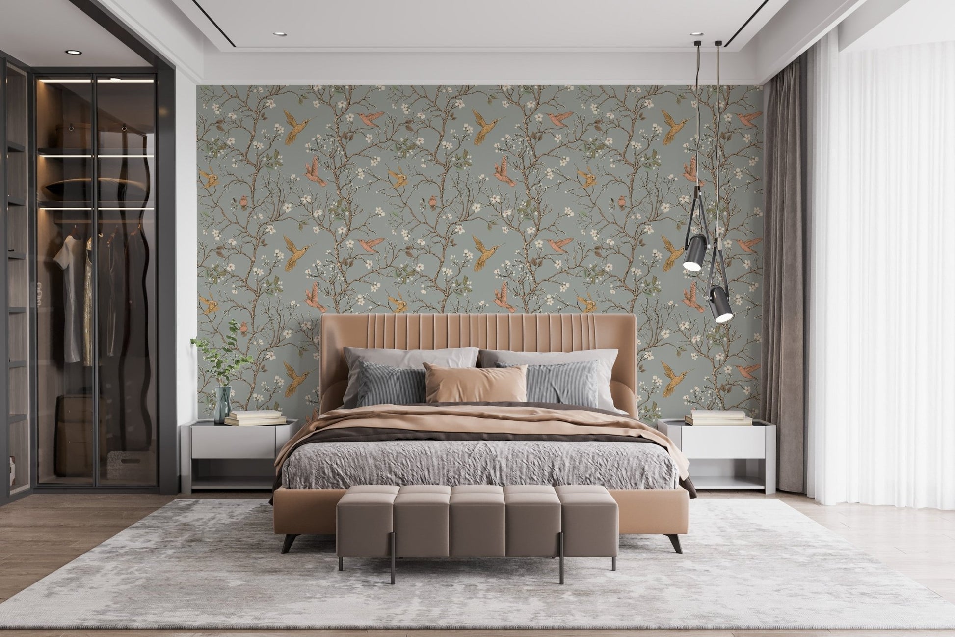 Floral hummingbird wallpaper as a bedroom feature wall with a brown leather bench.