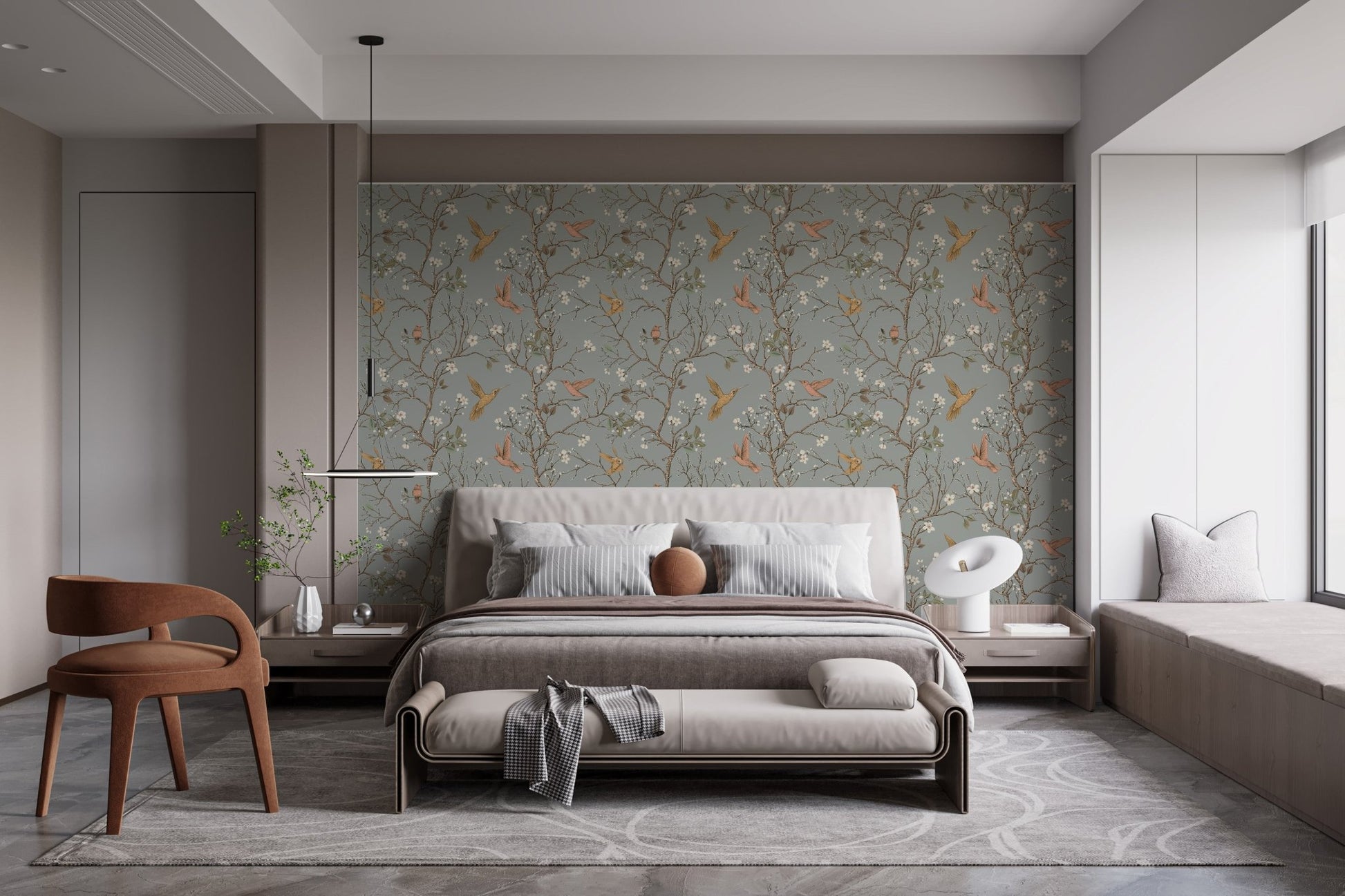 Sophisticated bedroom design with sage floral garden wallpaper and a contemporary bed.