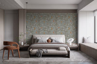 Sophisticated bedroom design with sage floral garden wallpaper and a contemporary bed.
