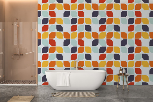 Vintage Geometric Mosaic Wallpaper in a modern bathroom with a white bathtub.