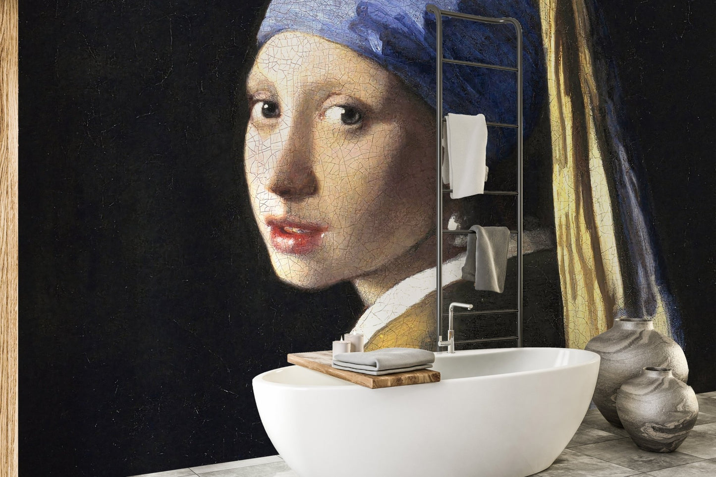 Blue and gold portrait wall mural behind a modern white bathroom vanity.
