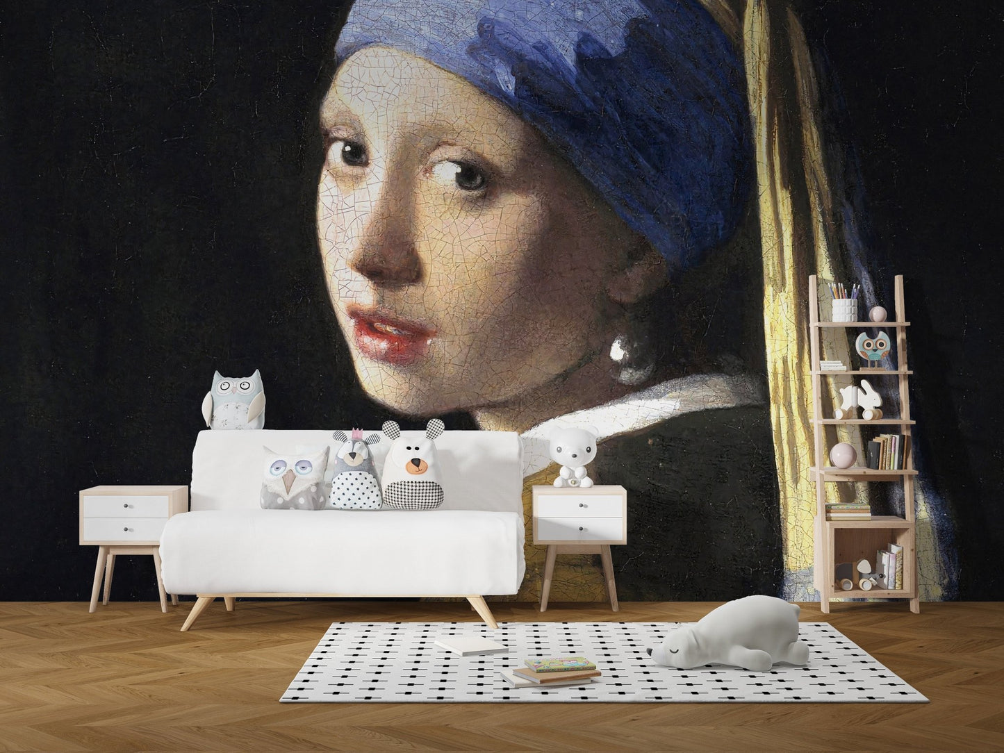 Large art wall mural in a modern white nursery with a patterned rug.