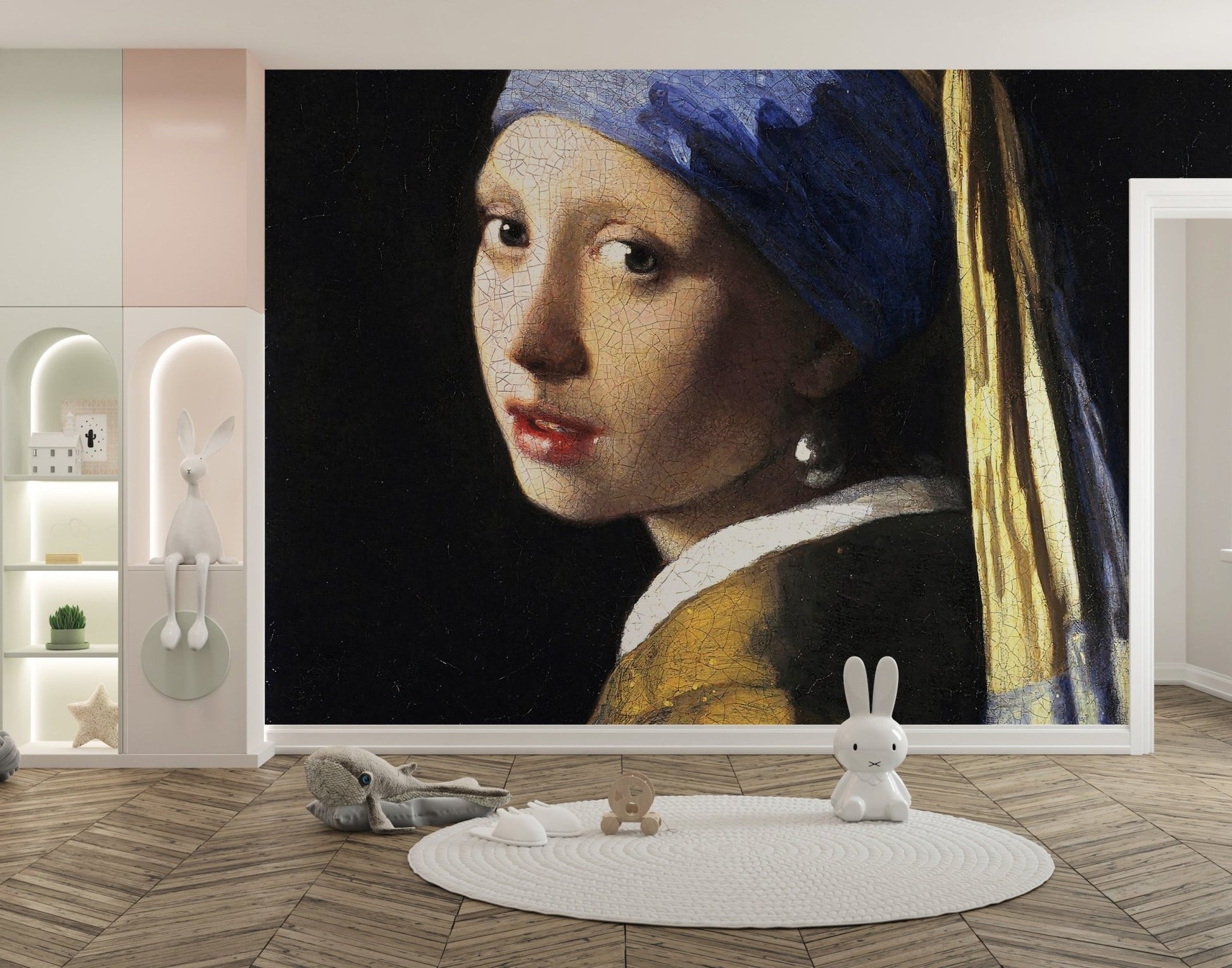Vintage Girl Portrait Wall Art Mural in a kids play area with white rabbit stool.