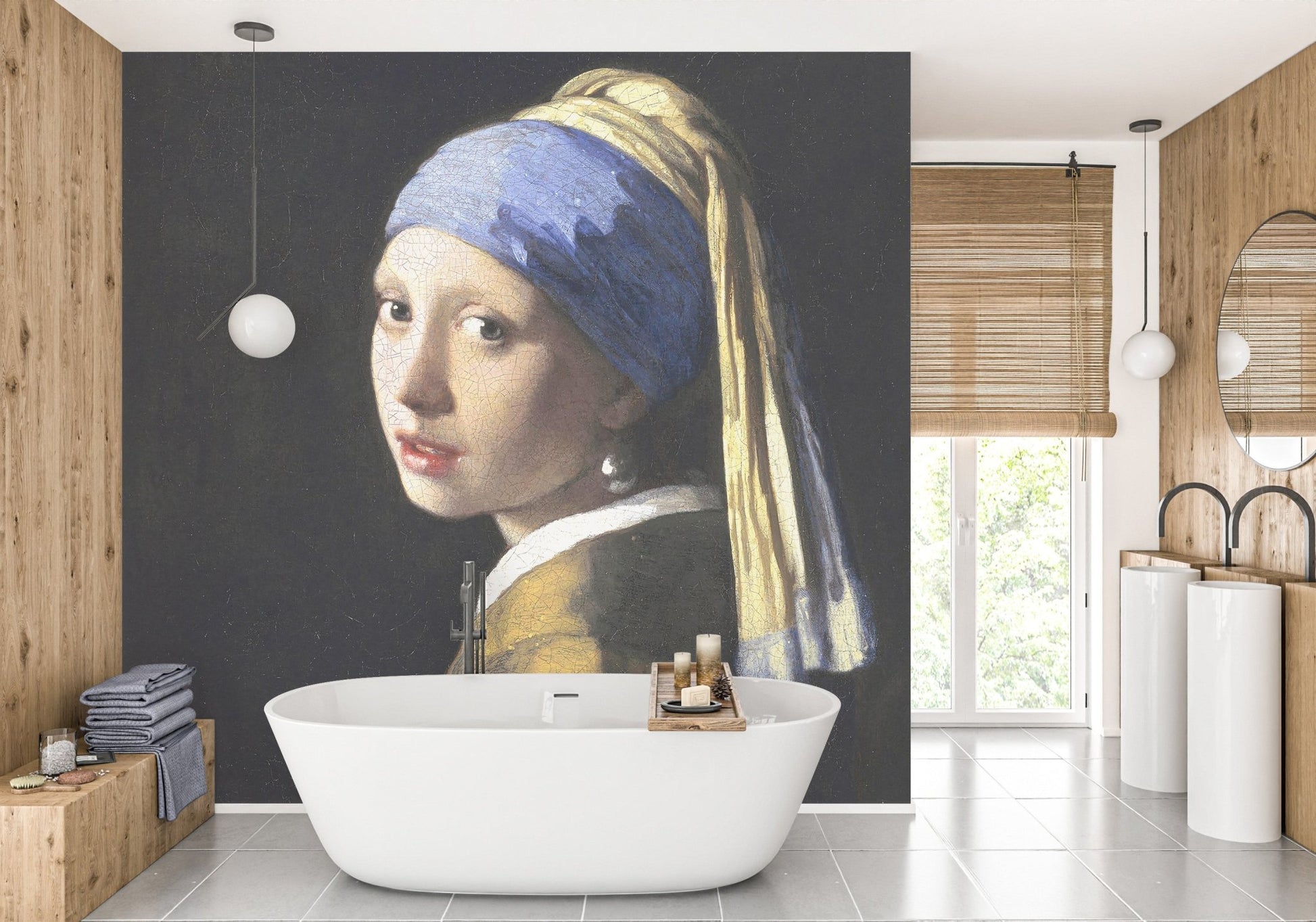 Vintage Girl Portrait Wall Art Wall Mural in a bathroom with a white bathtub.