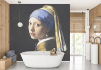 Vintage Girl Portrait Wall Art Wall Mural in a bathroom with a white bathtub.