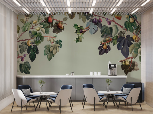 Botanical wallpaper featuring detailed fig leaves on a muted sage background.