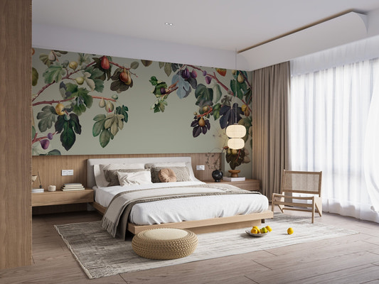 Vintage green fig tree wall mural with hanging purple and red fruit branches.