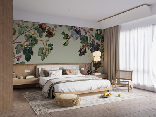 Vintage green fig tree wall mural with hanging purple and red fruit branches.