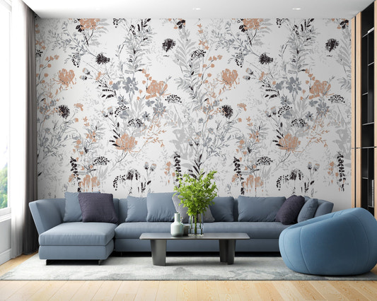 Vintage Inspired Leaf Wall Murals in a living room with a blue sectional sofa.
