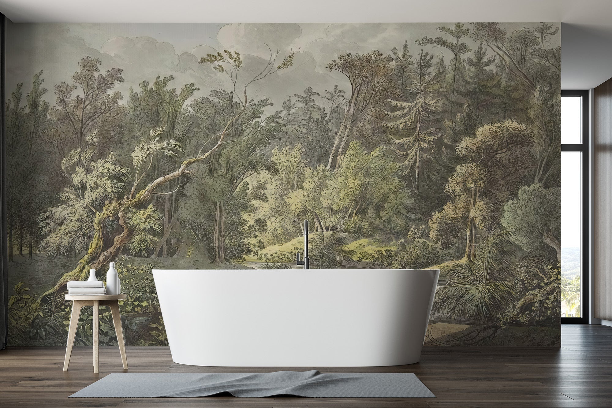 Vintage jungle waterfall wall mural with muted green trees.