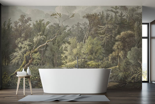 Vintage jungle waterfall wall mural with muted green trees.