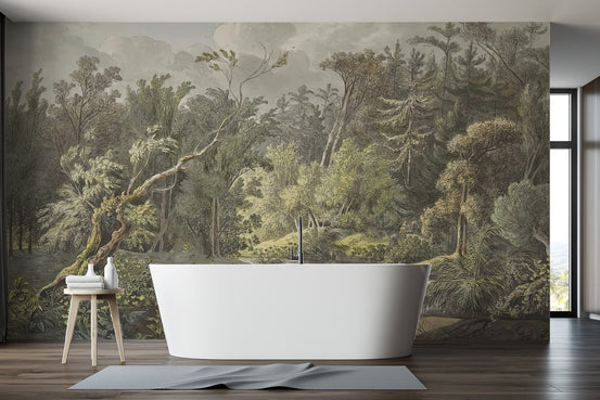 Vintage jungle waterfall wall mural with muted green trees.