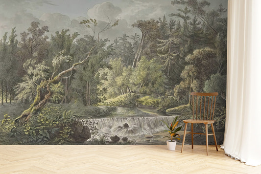 Vintage forest landscape wallpaper featuring a small waterfall.