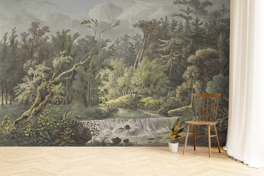 Vintage forest landscape wallpaper featuring a small waterfall.