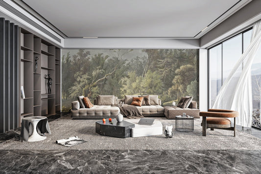 Detailed jungle landscape wall mural with soft grey clouds.