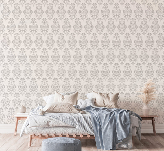 Bedroom with Vintage Light Grey Color Damask Style Wallpaper and blue bedding.