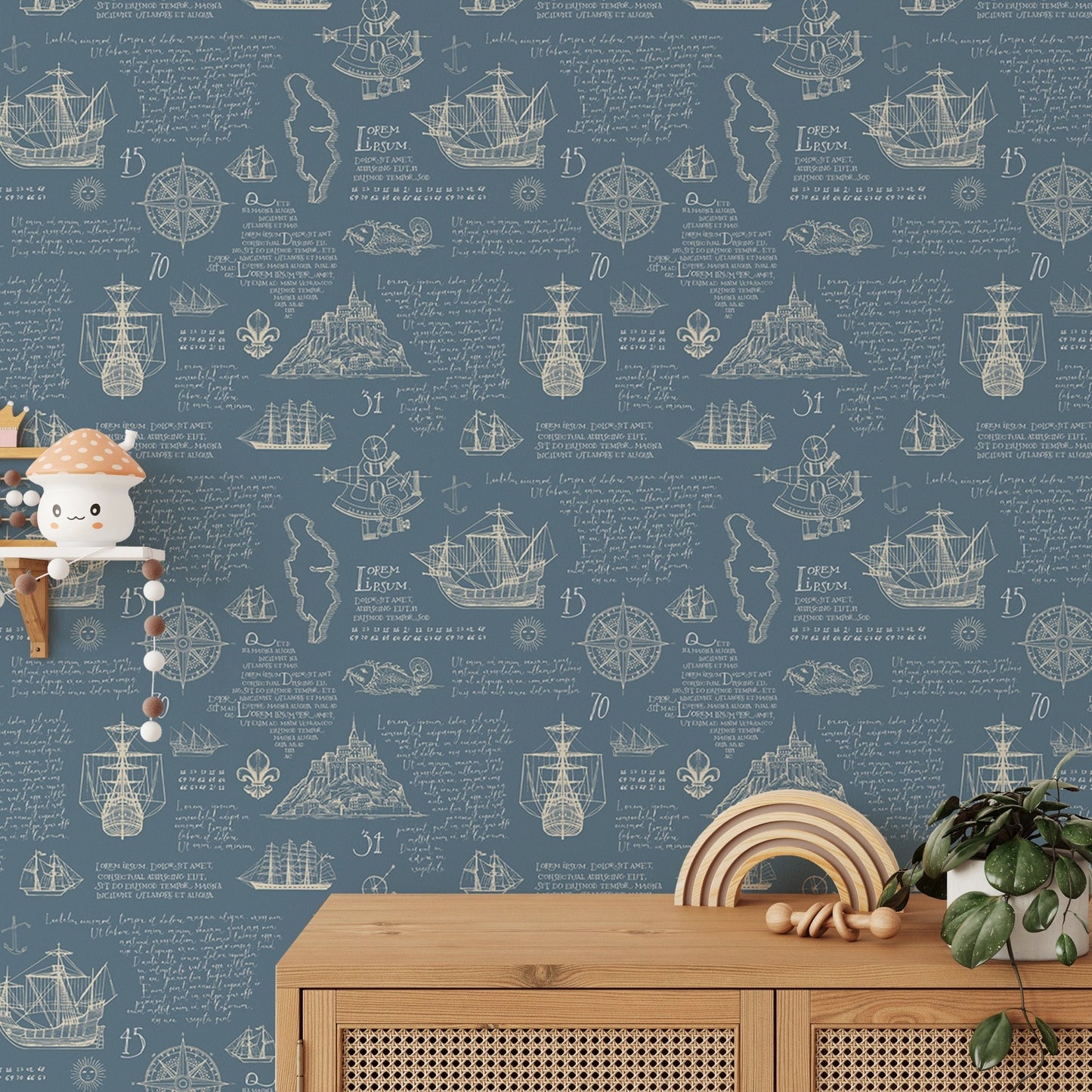 Latin script wall mural behind a wooden desk with small shelf.