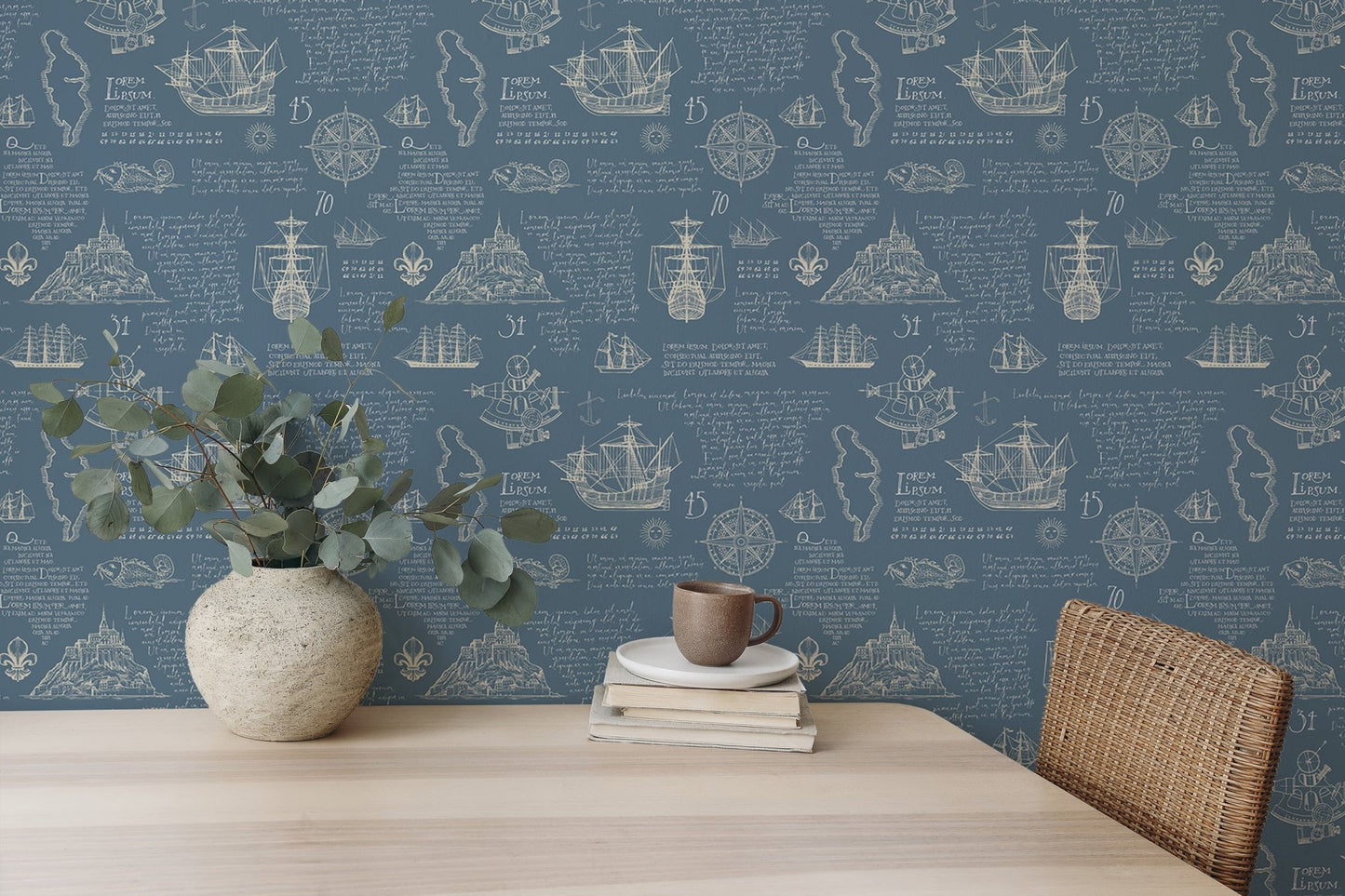 Nautical island wall mural in a reading area with a wooden table