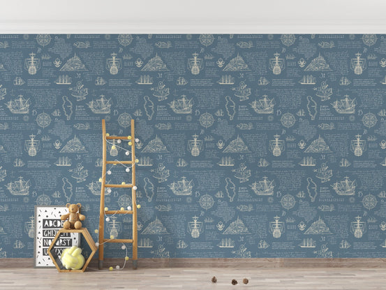 Blue Vintage Manuscript Handwritten Latin Islands Adventure Wall mural on a wide wall