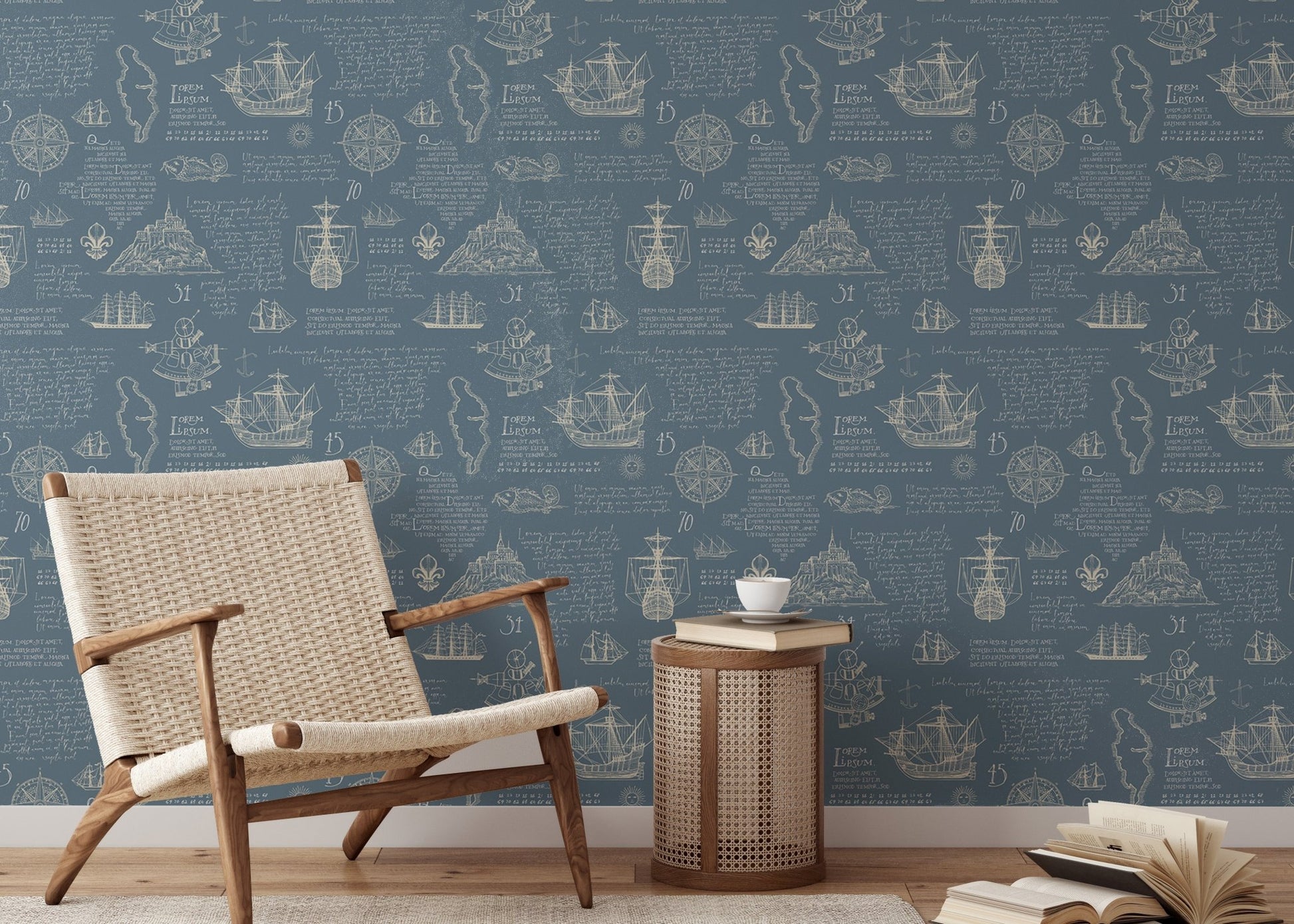 Vintage Manuscript Handwritten Latin Islands Adventure Wall mural behind a tan chair