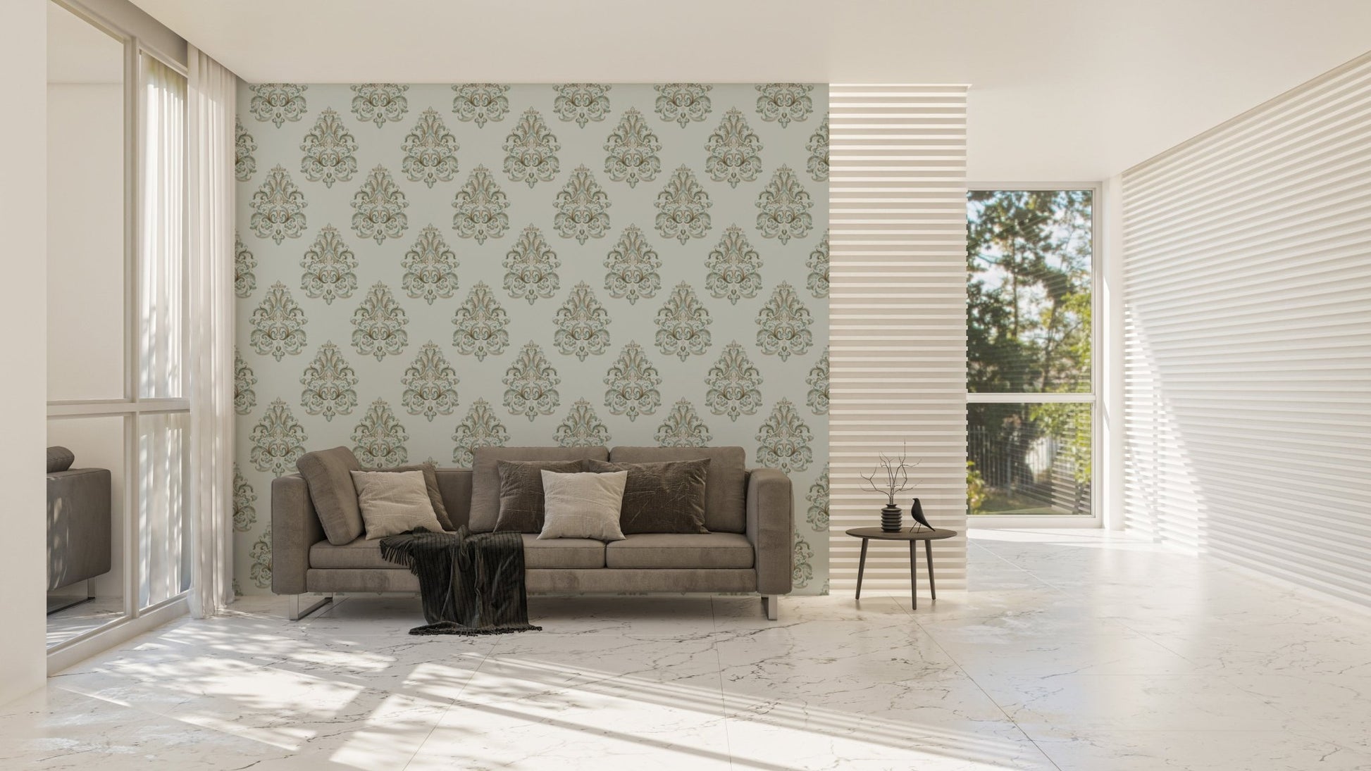 Modern living area featuring a large scale green damask wallpaper focal wall.