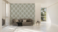 Modern living area featuring a large scale green damask wallpaper focal wall.