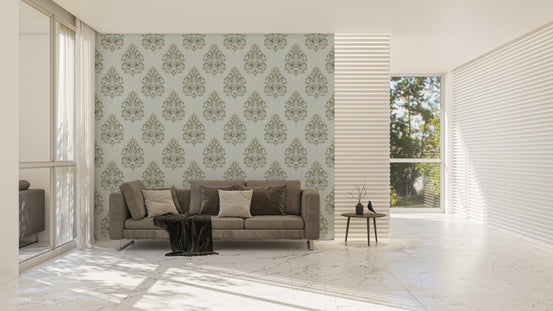 Modern living area featuring a large scale green damask wallpaper focal wall.