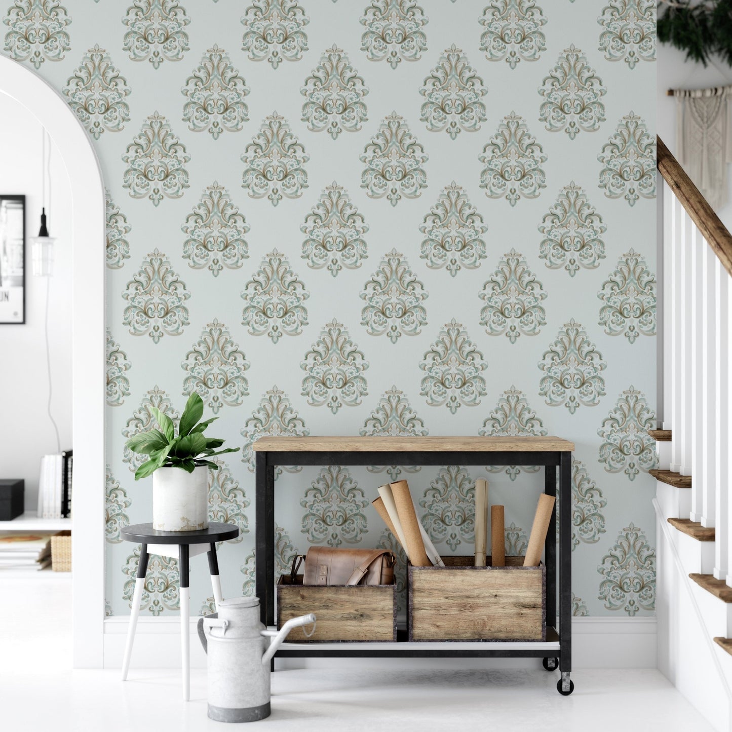 Entryway console table against a Vintage Milan Damask Green Wallpaper surface.