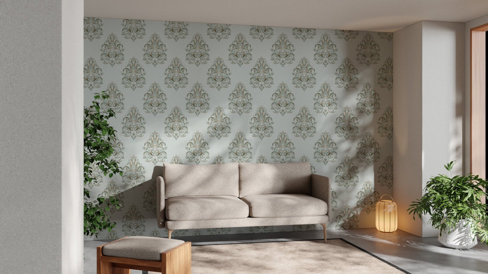 Sofa in a bright room with Vintage Milan Damask Green Wallpaper on the main wall.