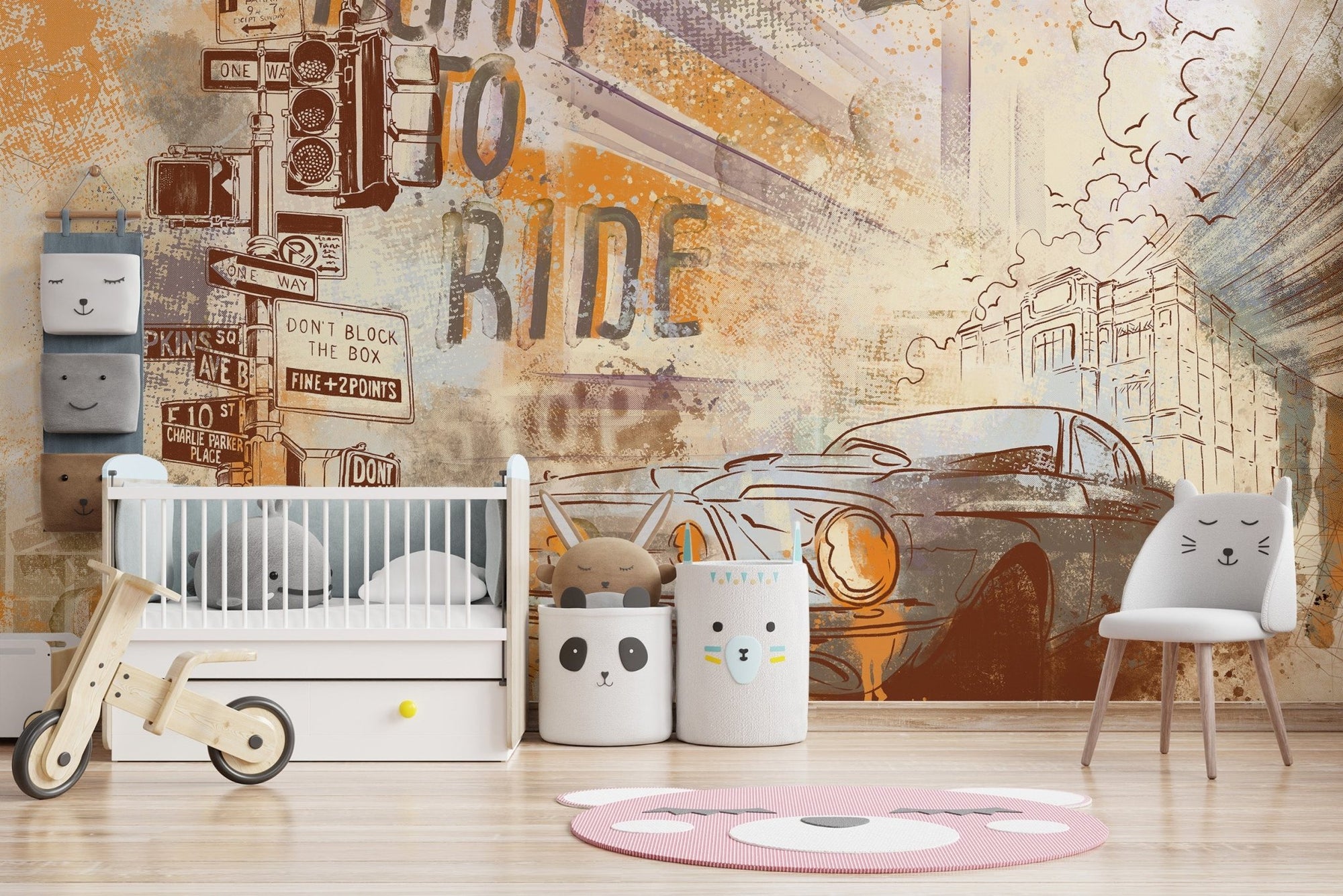 Vintage mustang wallpaper mural featuring a classic muscle car in an urban setting.