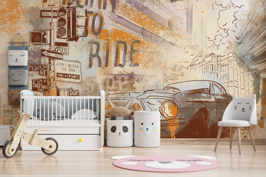 Vintage mustang wallpaper mural featuring a classic muscle car in an urban setting.