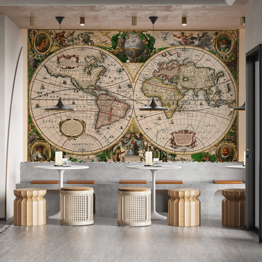 Vintage Old World Map wall mural in a modern cafe with wooden stools.