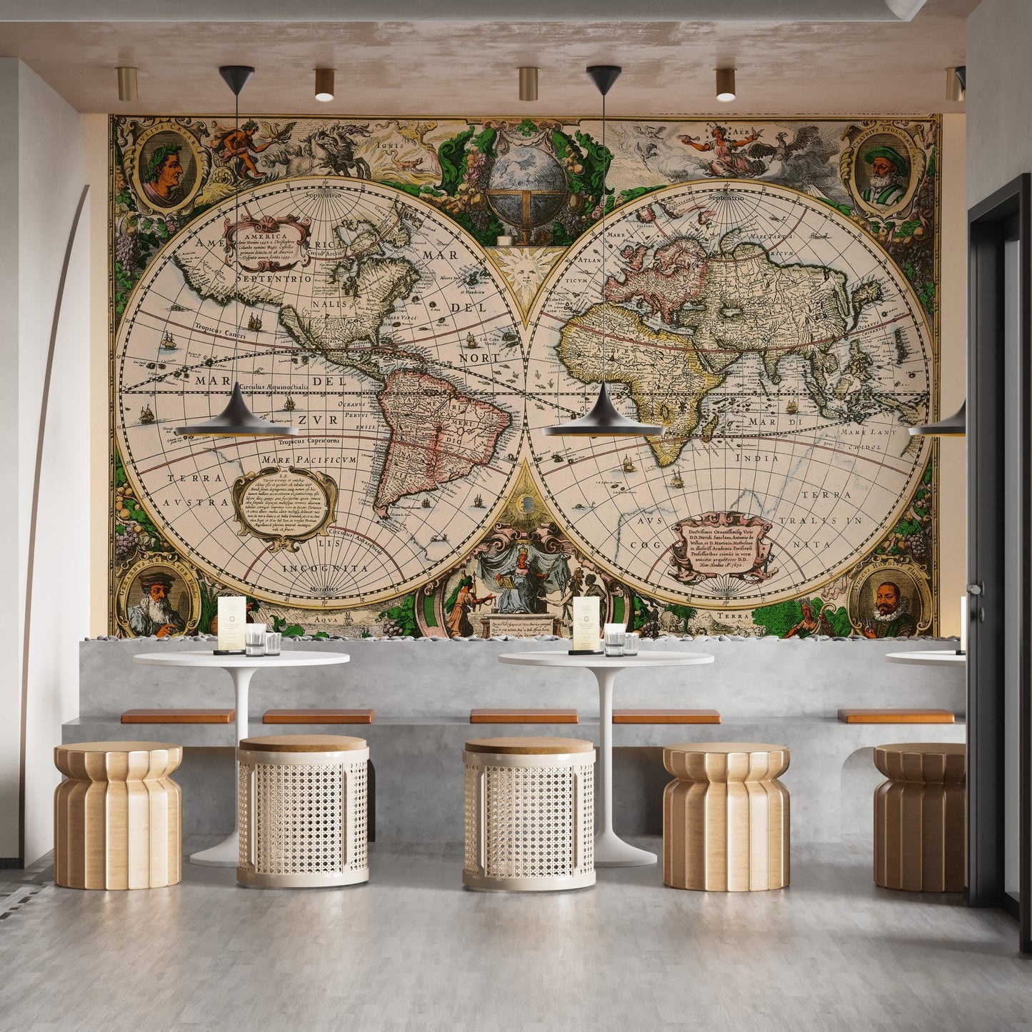 Vintage Old World Map wall mural in a modern cafe with wooden stools.