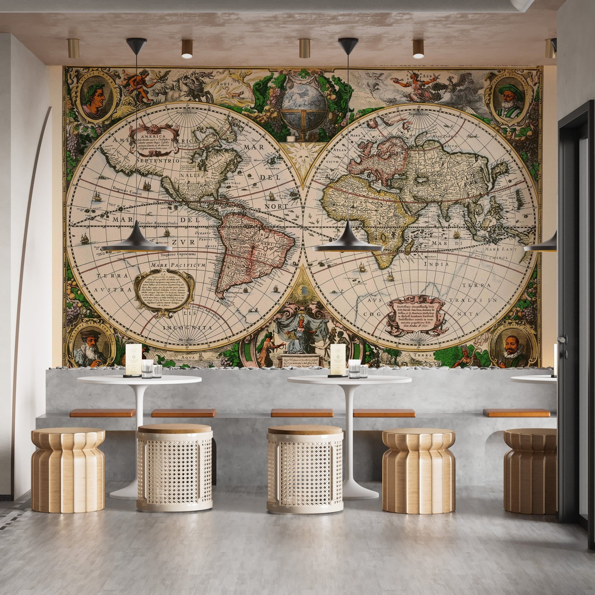 Vintage Old World Map wall mural in a modern cafe with wooden stools.