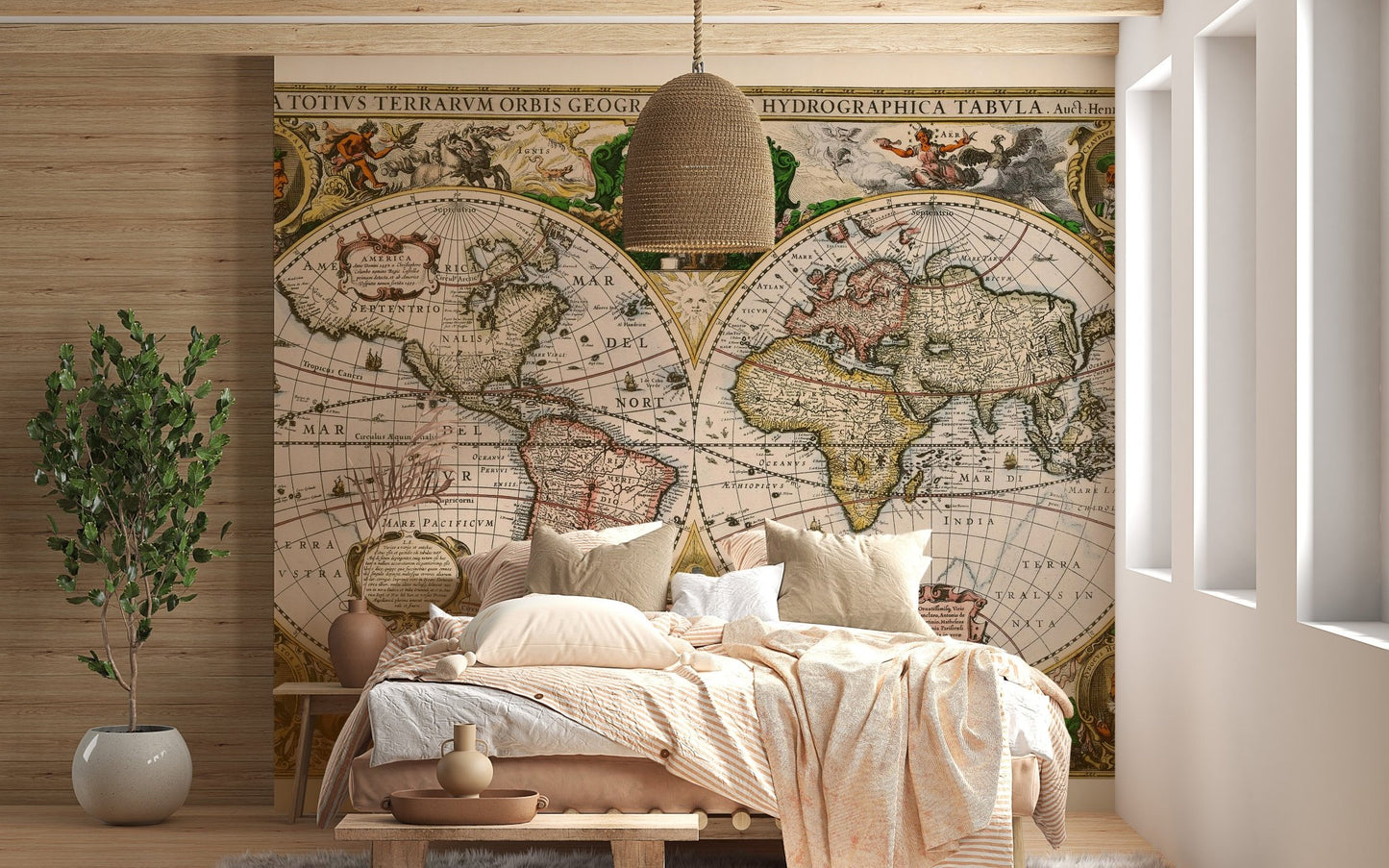 Classic map wall mural in a cozy bedroom with beige bedding.