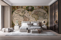 Grey toned world map wall mural in a modern grey bedroom.