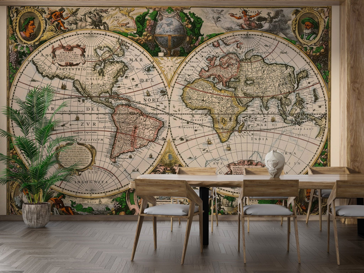 Large world map wall mural in a dining area with wooden chairs.