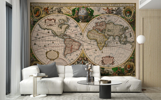 Vintage map wall mural in a living room with a white sofa.