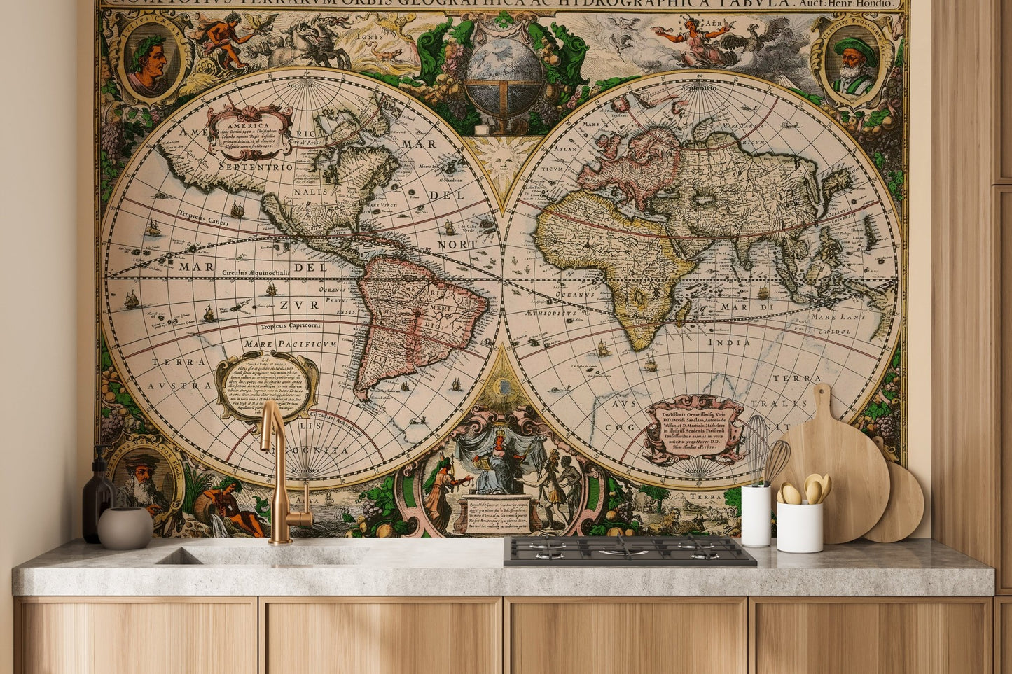 Old world map wall mural in a kitchen with light wood cabinets.