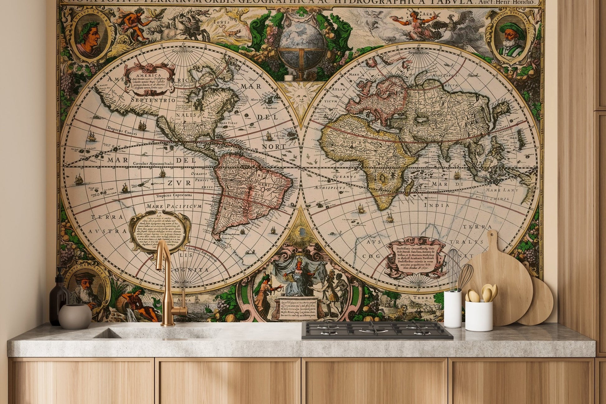 Old world map wall mural in a kitchen with light wood cabinets.