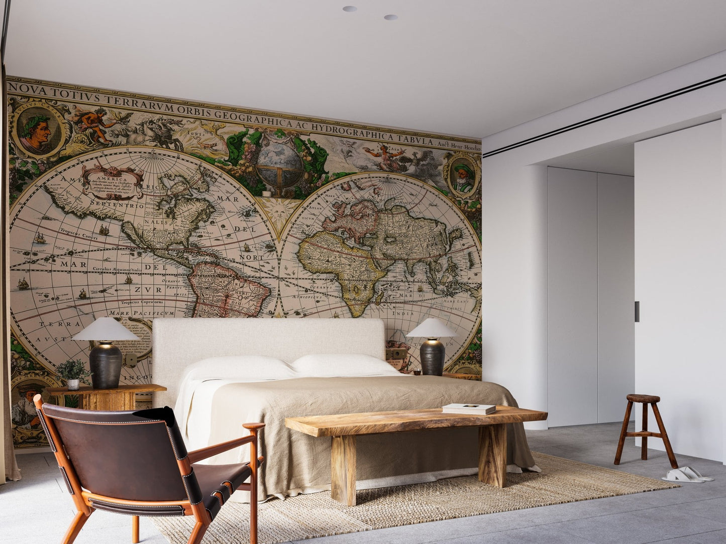 Detailed map wall mural in a bright bedroom with a wooden bench.