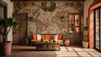 Terracotta style map wall mural in an indoor patio area.